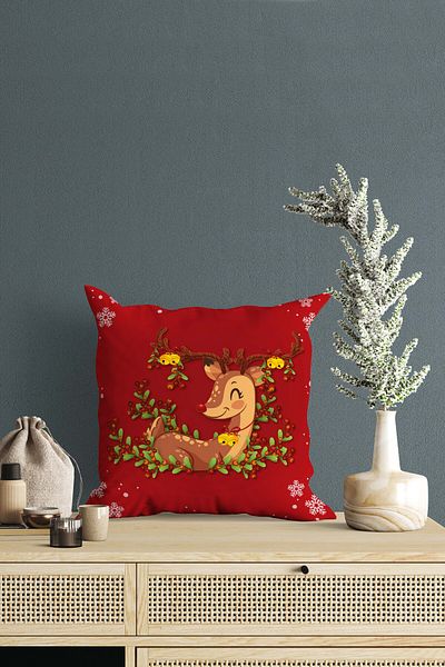 menesahome Menesa Home New Year's Themed Deer Patterned Merry Christmas Written Digital Printed Throw Pillow Cover 4 Pieces