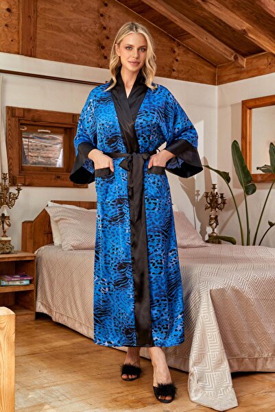 Cossy By Aqua 24103 Жіночий довгий халат з атласним візерунком - Sax