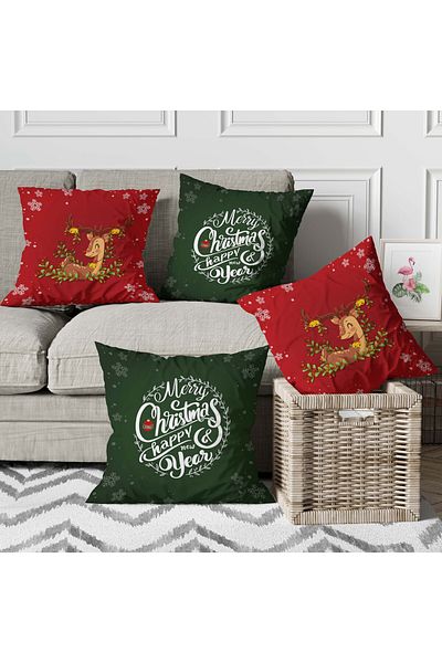 menesahome Menesa Home New Year's Themed Deer Patterned Merry Christmas Written Digital Printed Throw Pillow Cover 4 Pieces