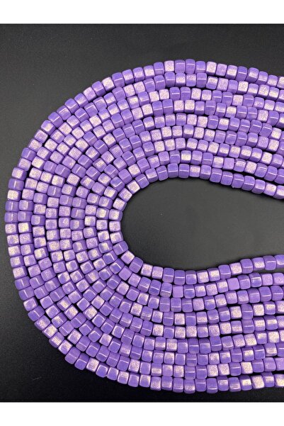 Hedef Bijuteri 6mm Küp Model Fimo, Mor / Lila Renk Üzeri Sedefli Simli Fimo B...