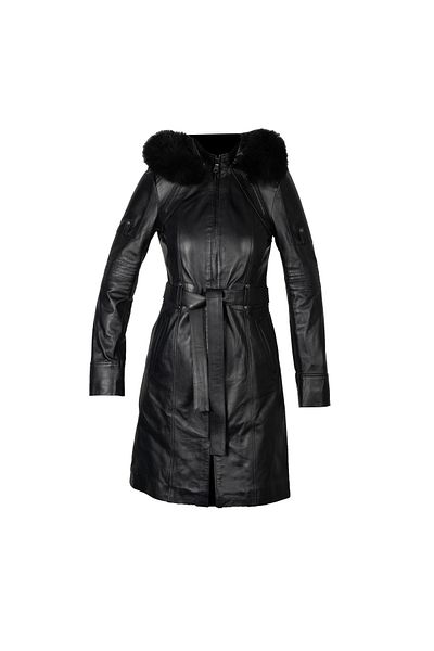 EGE DERİ 100% Genuine Lambskin Furry Hooded Women's Black Top Coat