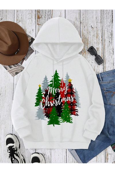 BYMEER Hanorac alb cu glugă cu imprimeu MERRY CHRİSTMAS