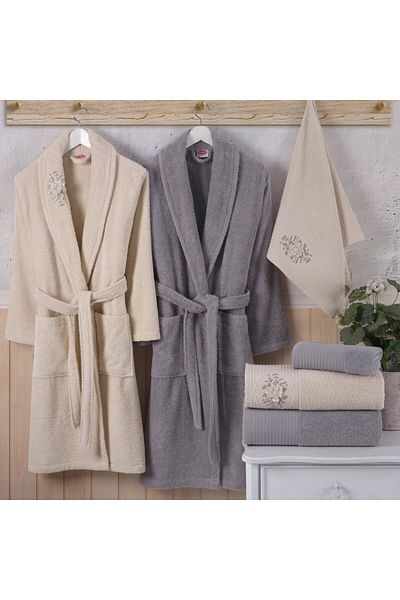 Hobby Line - Cotton Bathrobe Set - Cream Gray