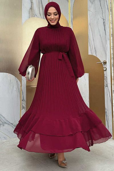Bym Fashion Pleated Layered Detailed Lined Dress 3836 Claret Red