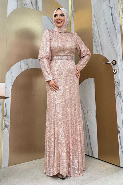 Bym Fashion Pailletten Fisch Abendkleid mit Gürtel Zubehör 3858 Stein