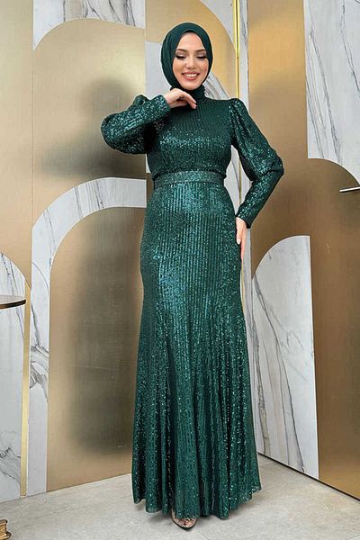 Bym Fashion Βραδινό φόρεμα Paillette Sequin Fish με Αξεσουάρ Ζώνης 3858 Emerald