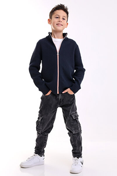 Matte MONACO BOY'S ORANJ ZIPPERED NAVY BLUE Knitwear Cardigan