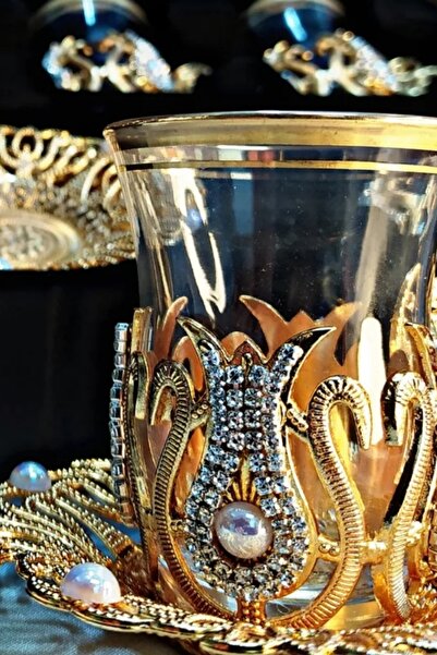 bigiyin El Yapımı Swarovski Kristal Taşlı Incili Çay Bardağı Seti 6 Kişilik 12 Parça