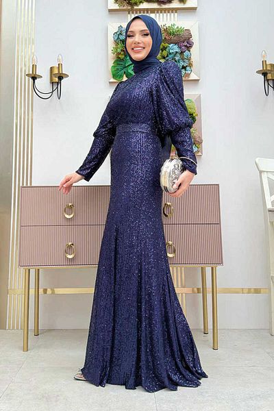 Bym Fashion Βραδινό φόρεμα με παγιέτα διχτυωτό με αξεσουάρ ζώνης 3858 Navy Blue