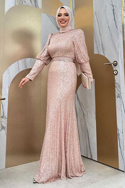 Bym Fashion Pailletten Fisch Abendkleid mit Gürtel Zubehör 3858 Stein