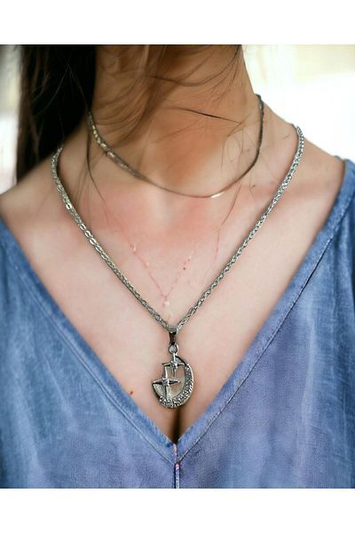 Mixperi Zircon Stone White Chain Moon Star Necklace Moon Star Patterned Necklace