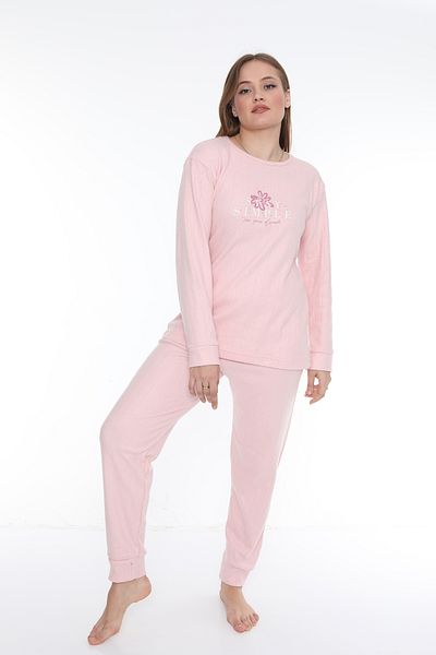 FAMES PİJAMA Simple Ribbed Interlock Long Sleeve Women's Pajama Set