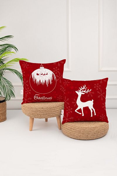 menesahome Menesa Home New Year Themed Merry Christmas Written Deer Patterned Digital Printed 2-Piece Throw Pillow Cover