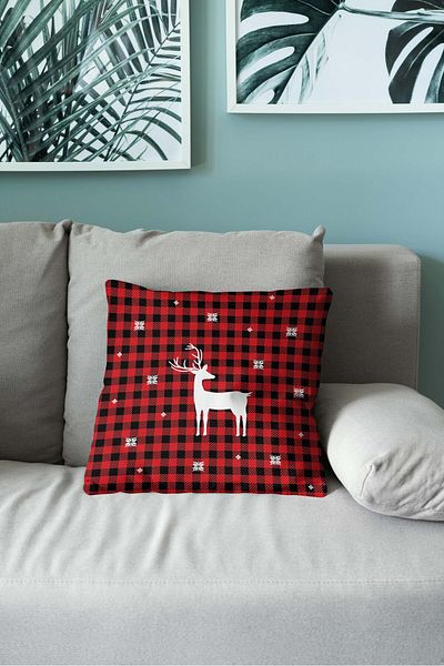 menesahome Christmas Themed Red Colored Deer Patterned Digital Printed Throw Pillow Cover