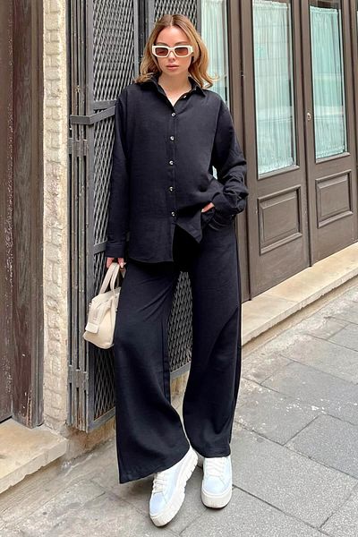Swist Black Oversize Linen Shirt-Pants Women's Bottom-Top Set