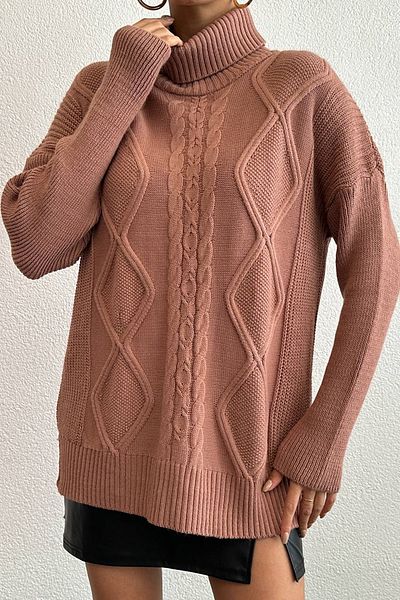bayansepeti Pulover Dusty Rose, cu mânecă lungă, cu umăr scăzut, cu gât supradimensionat 8080