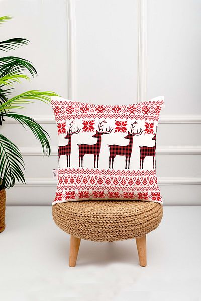menesahome New Year's Themed White Background Red Striped Deer Pattern Digital Printed Throw Pillow Cover
