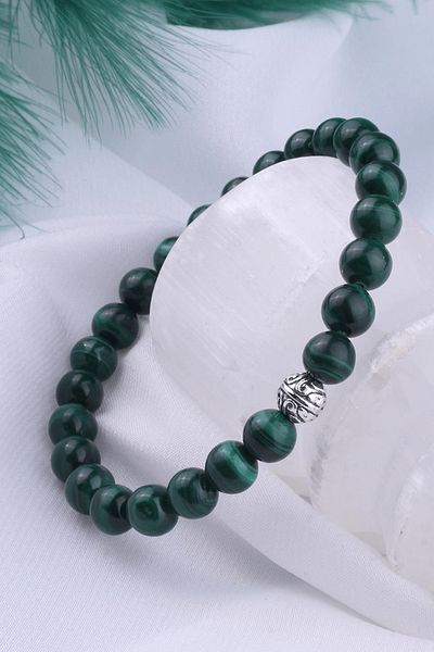 Tesbih Atölyesi Certified Real Malachite - Malachite Stone Bracelet (With Silver Device)