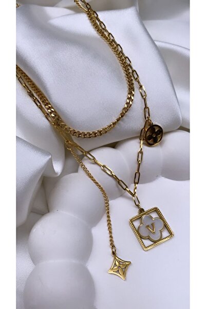 Accessories İkili Model Marka Çelik Gold Renk Kolye
