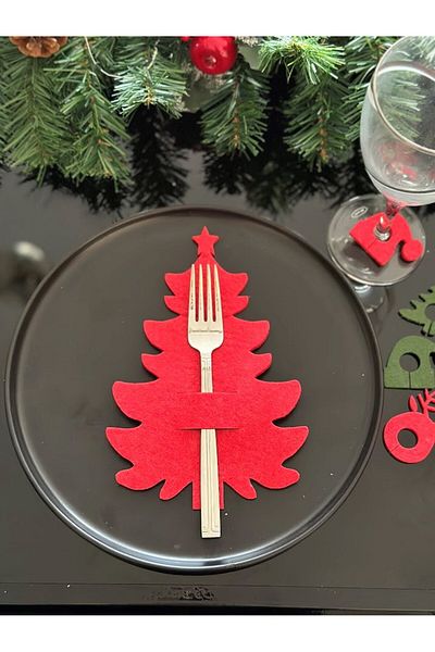 Masalsı Concept New Year's Tableware Preparation 6 Pieces Red New Year's Set Decorative Spoon Holder + 6 Pieces of Cup Ornament