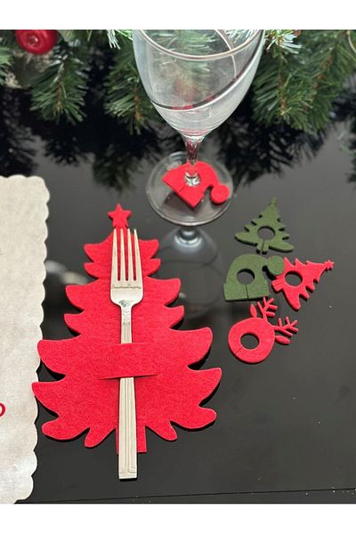 Masalsı Concept New Year's Tableware Preparation 6 Pieces Red New Year's Set Decorative Spoon Holder + 6 Pieces of Cup Ornament