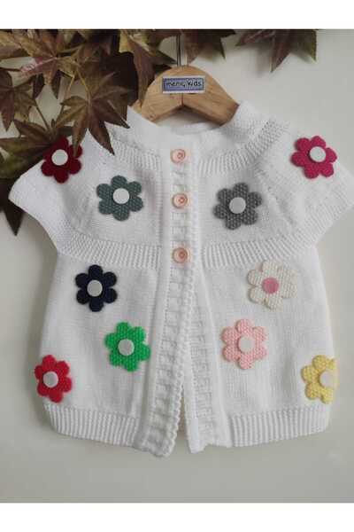 Meriç bebe Girl's Robe Floral Decorated Seasonal Buttoned White Knitwear Vest