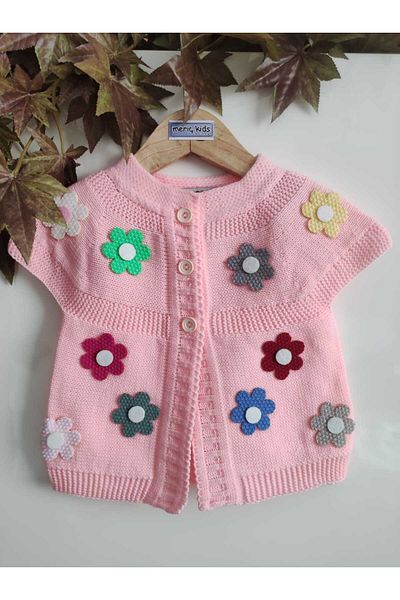 Meriç bebe Girl's Robe Floral Decorated Seasonal Buttoned Powder Knitwear Vest