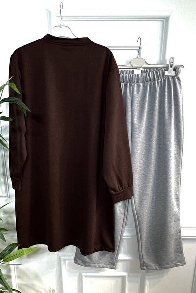 Aşkı Endam Двуделен костюм от пениран памук с цип и джоб, голям размер Umay - кафяв