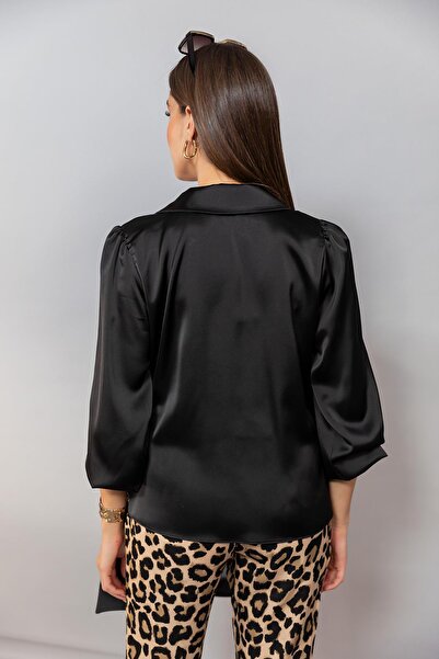 NARKISS Yandan Bağlamalı Kruvaze Saten Siyah Bluz