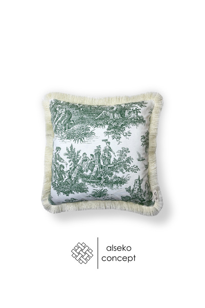 Alseko Concept غطاء وسادة مربع مزخرف بنمط الفلاحين الإنجليزيين باللون الأخضر مع شرابات كريمية مقاس 43 × 43 سم