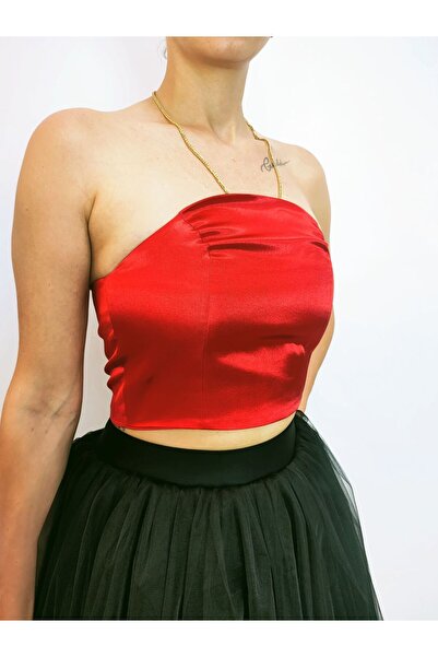 LULLY KİDS Kadın Kırmızı Saten Crop Top Büstiyer Düğün Abiye Nişan