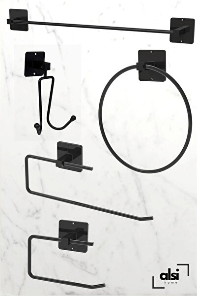 ALSİ HOME Yapışkanlı 5 li Siyah Uzun Havlu Askısı Wc Kağıtlık Rulo Havluluk A...