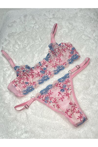 BLUE AVCI LINGERIE Σετ με μωβ-ροζ λουλουδάτο σχέδιο με βελονιά επάνω και κάτω