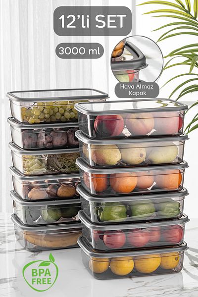 Meleni Home 12-Piece Rectangular Practical Box Shallow Vegetable Fruit Storage Container - Fridge Organizer Food Container 12x3 Lt