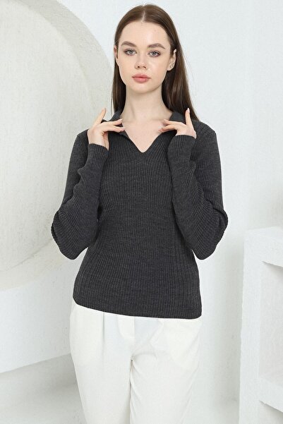 VEGENZE Women's Anthracite Polo V-Neck Knitwear Sweater