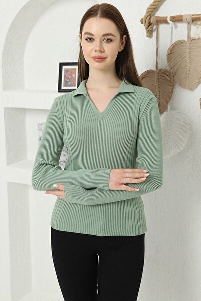 VEGENZE Women's Çağla Polo V-Neck Knitwear Sweater