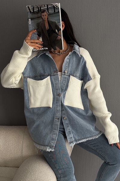 FEMELLE Women's White Sleeves and Pocket Knitted Oversize Denim Denim Cardigan