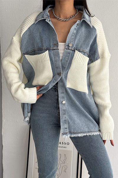 FEMELLE Women's White Sleeves and Pocket Knitted Oversize Denim Denim Cardigan