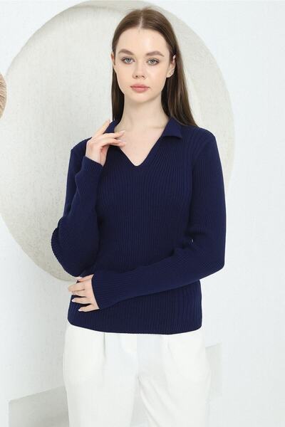 VEGENZE Women's Navy Blue Polo V-Neck Knitwear Sweater