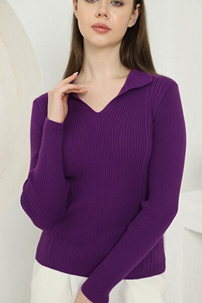 VEGENZE Women's Purple Polo V-Neck Knitwear Sweater