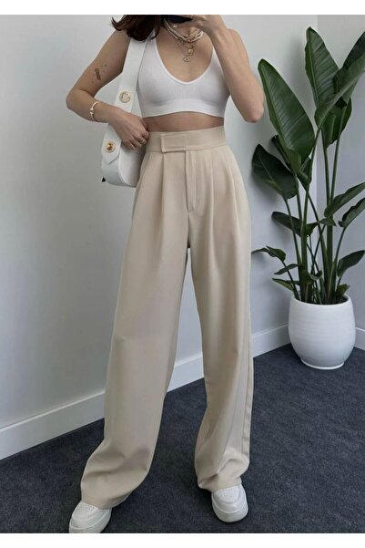 LAMİRAMOOD Neva Beige Women's Palazzo Stone Fabric Crtli Pants