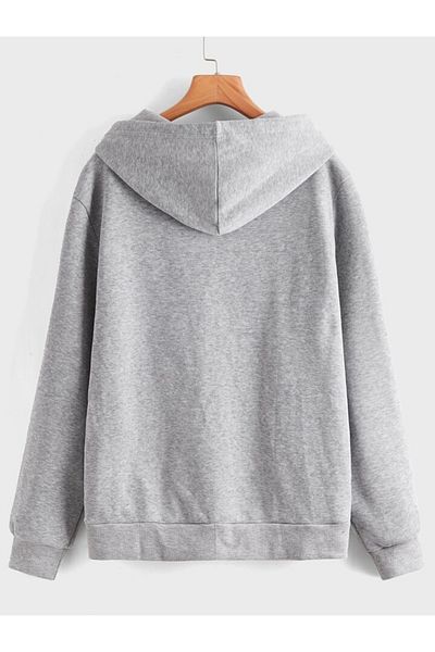 Boi Patternless Sweatshirt Zippered Cardigan - Gray Oversize Pocket Winter Hoodie