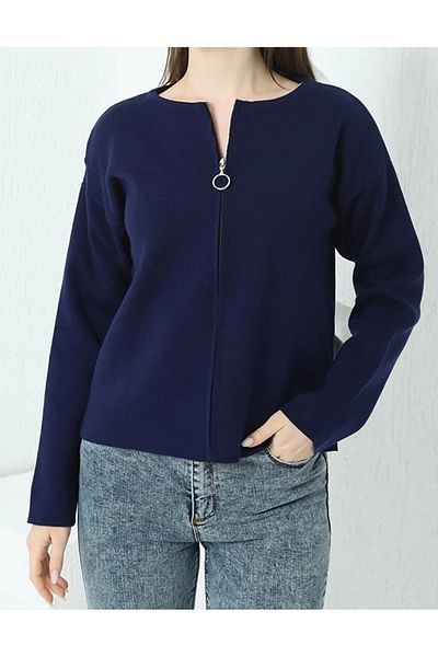 VEGENZE Cardigan din tricot cu fermoar din oțel albastru bleumarin pentru femei