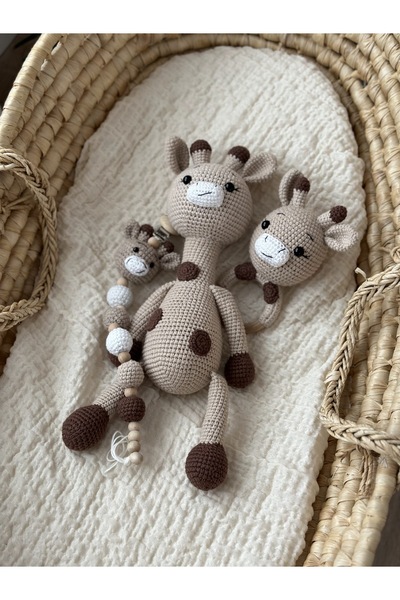Florijee Amigurumi Sevimli Zürafa Uyku Arkadaşı Çıngırak Emzik Zinciri Set Or...