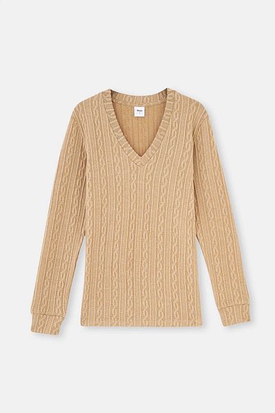 Dagi Hellbraunes, langärmliges Sweatshirt mit geflochtenem V-Ausschnitt