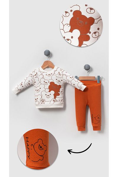 Bubito Happy Bear Visual Unisex Combed Cotton 2-Piece Top and Bottom Set-cinnamon