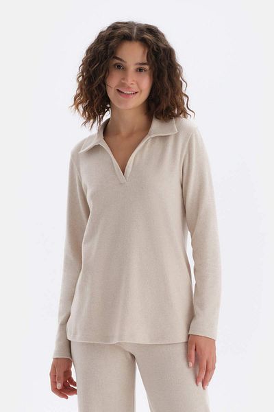 Dagi Beige meliertes Langarm-Sweatshirt mit Polokragen