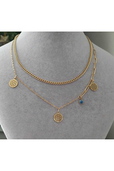 Betül Çekiç Çelik 2 Sıra Yaşam Çiçeği Nazar Boncuğu Kolye