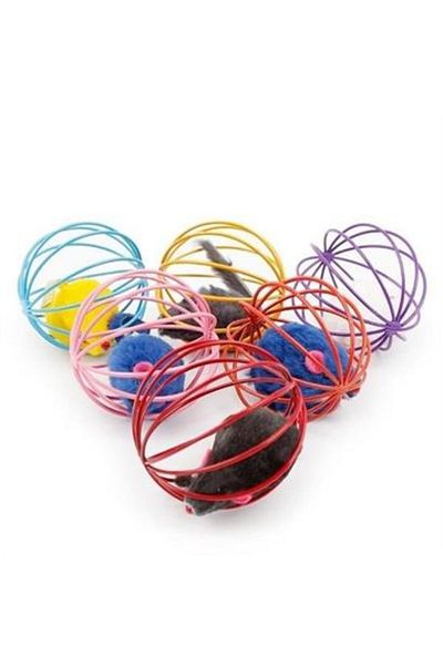 BOL ÇEŞİT BURADA BUFFER® Colorful Metal Caged Plush Cat Dog Toy with Mouse Play Ball 6 cm