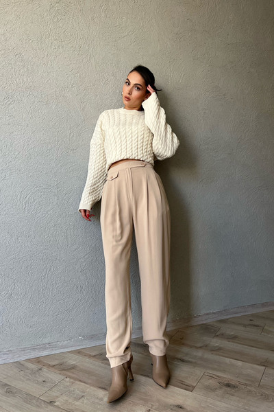 Seda Yalçın Atelier Beige Double Pleated and Buttoned Shalwar Trousers